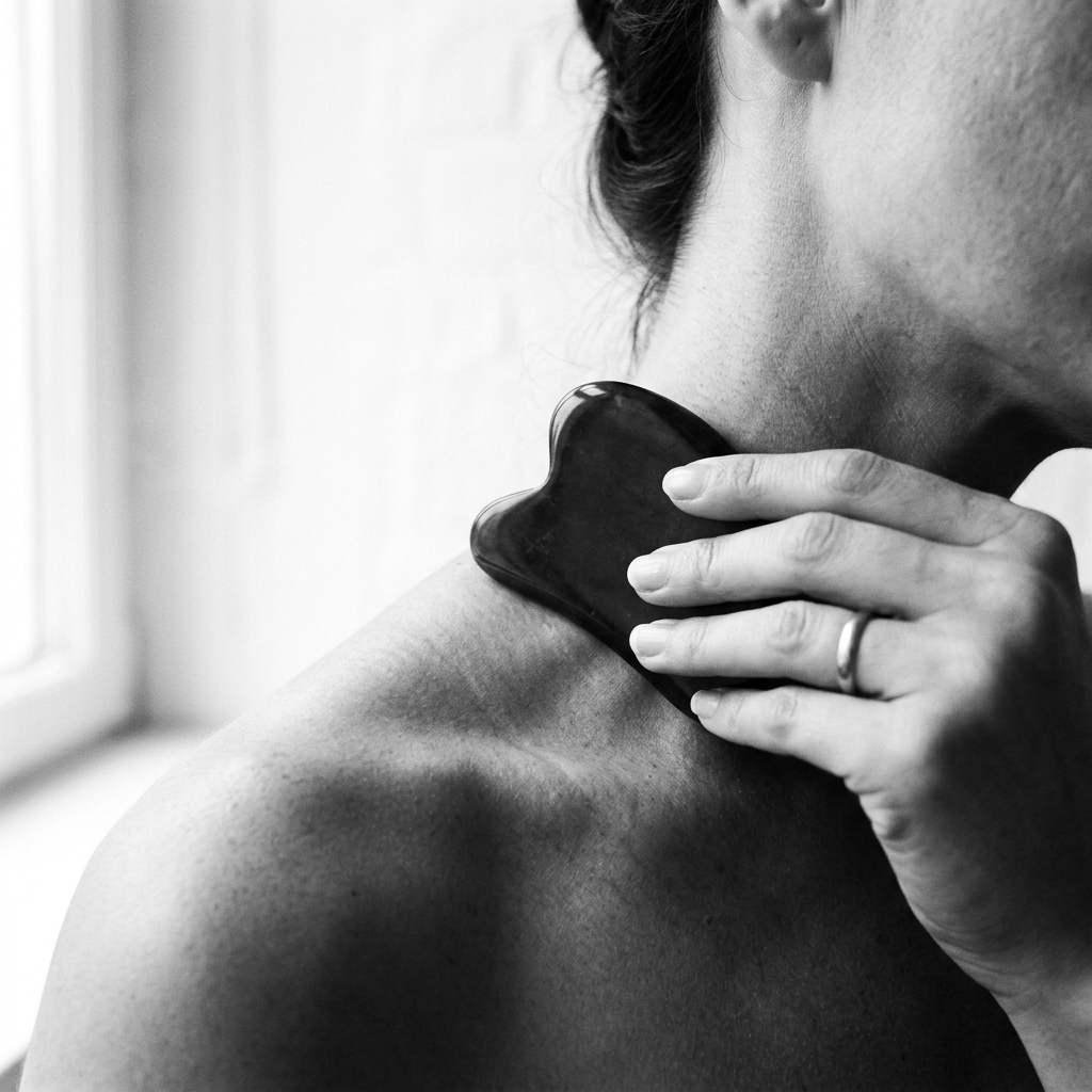 Close-up of a jade Gua Sha tool for physical recovery bodywork