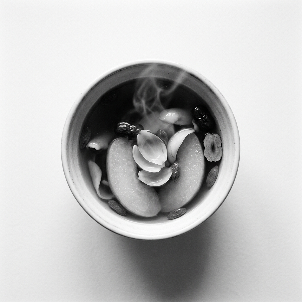 Minimalist top-down view of a nourishing broth bowl with goji berries