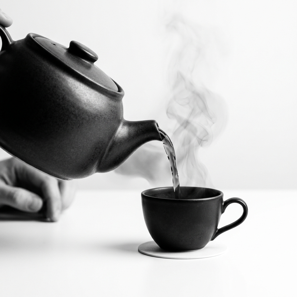 Hot tea being poured with gentle steam rising from a minimalist ceramic cup